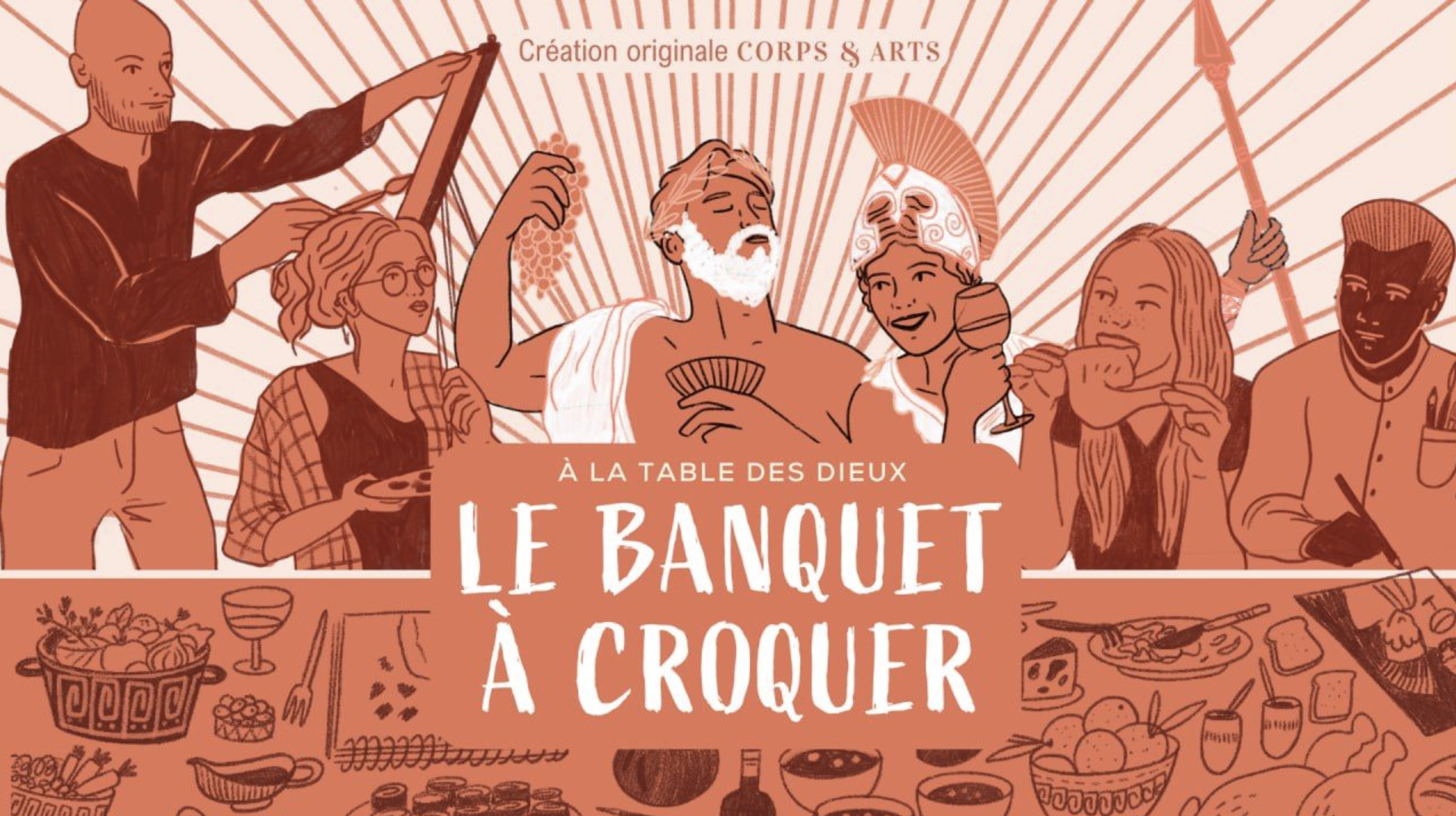 Dessin de plusieurs personnes dégustant un repas autour d'une table de banquet